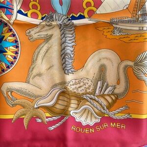 Hermes-Paris Beautiful colors Rare 100%Silk scarf “ROUEN SUR MER” w/box & ribbon